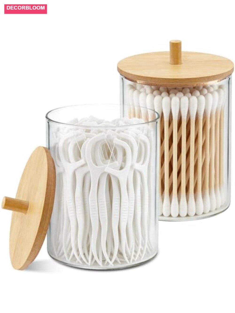 Glass Qtip Holder Dispenser Set with Bamboo Lids 10oz Cotton Swab Jar